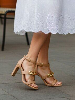 Gold Chain Accent Nude High Heel Sandals With Buckle Strap